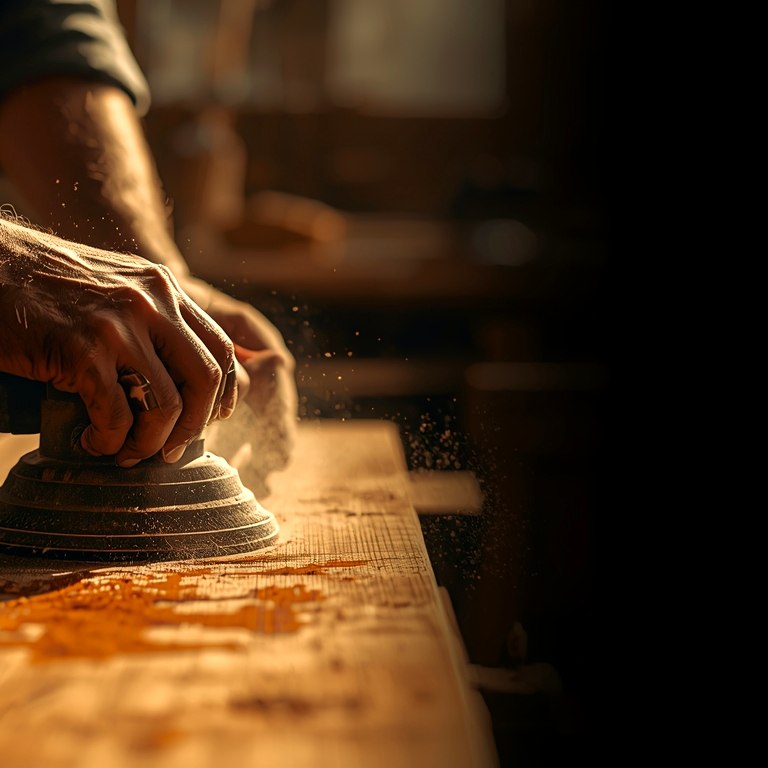 Craftsman's hands sanding a walnut board in the Stache Woods workshop