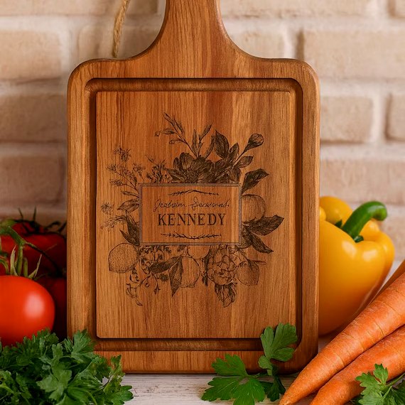 Handcrafted wooden kitchen serving board with handle