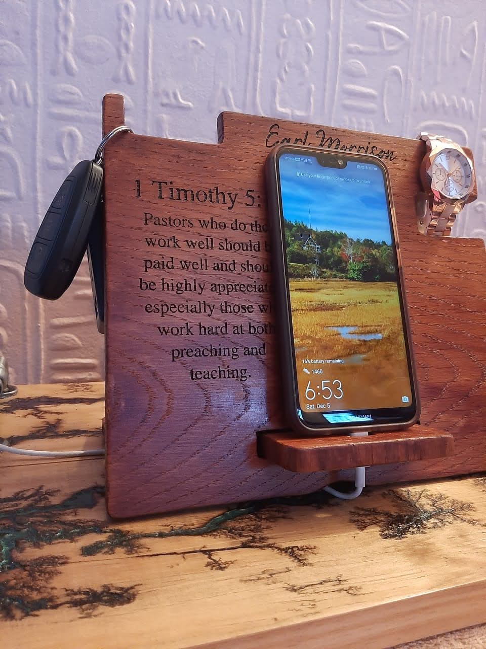 Desk valet with phone slot, watch holder and accessories tray