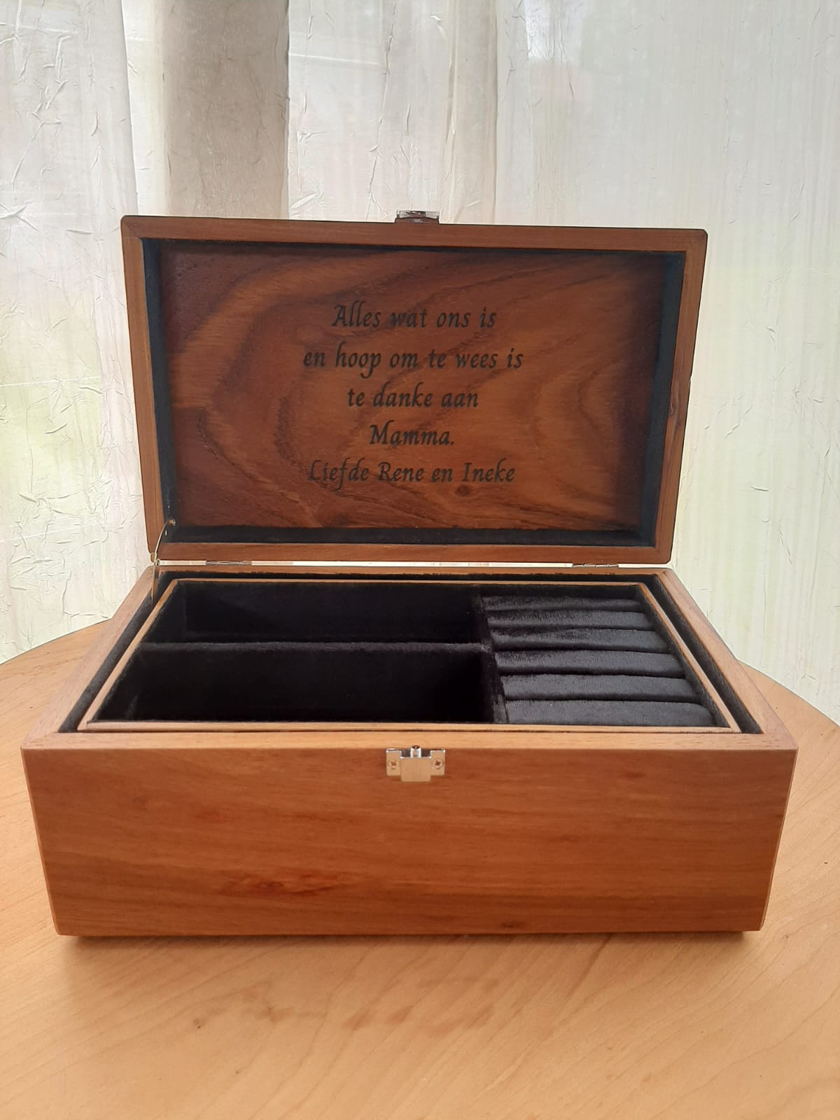 Two-tier wooden jewellery box with brass handles