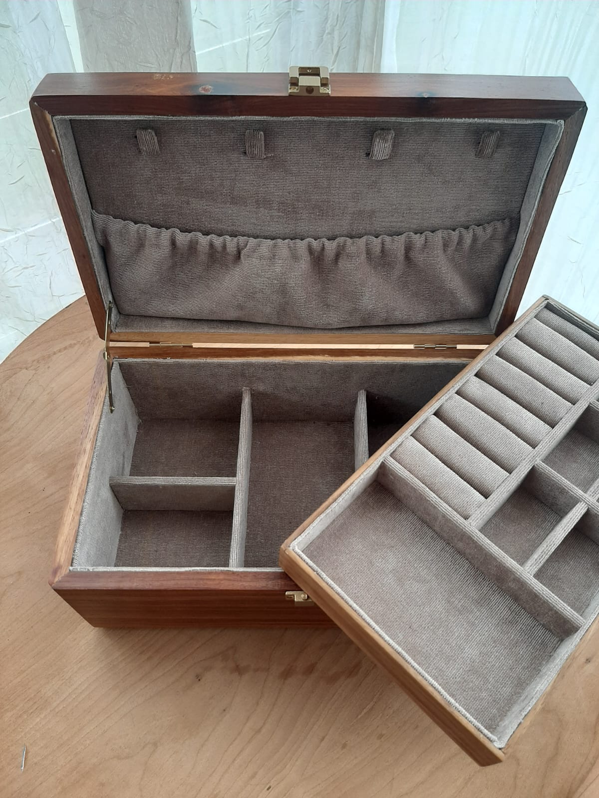 Wooden jewellery box with velvet drawers and ring tray
