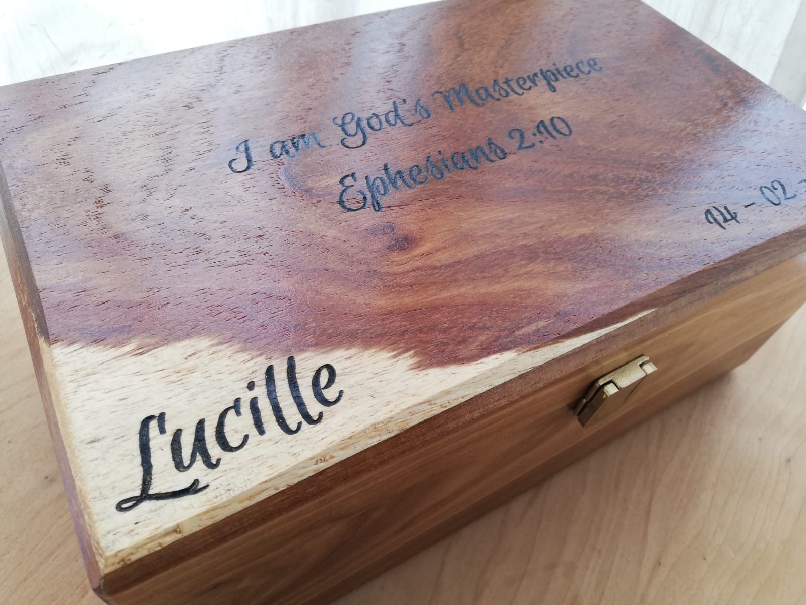 Handmade scripture keepsake chest with brass hardware