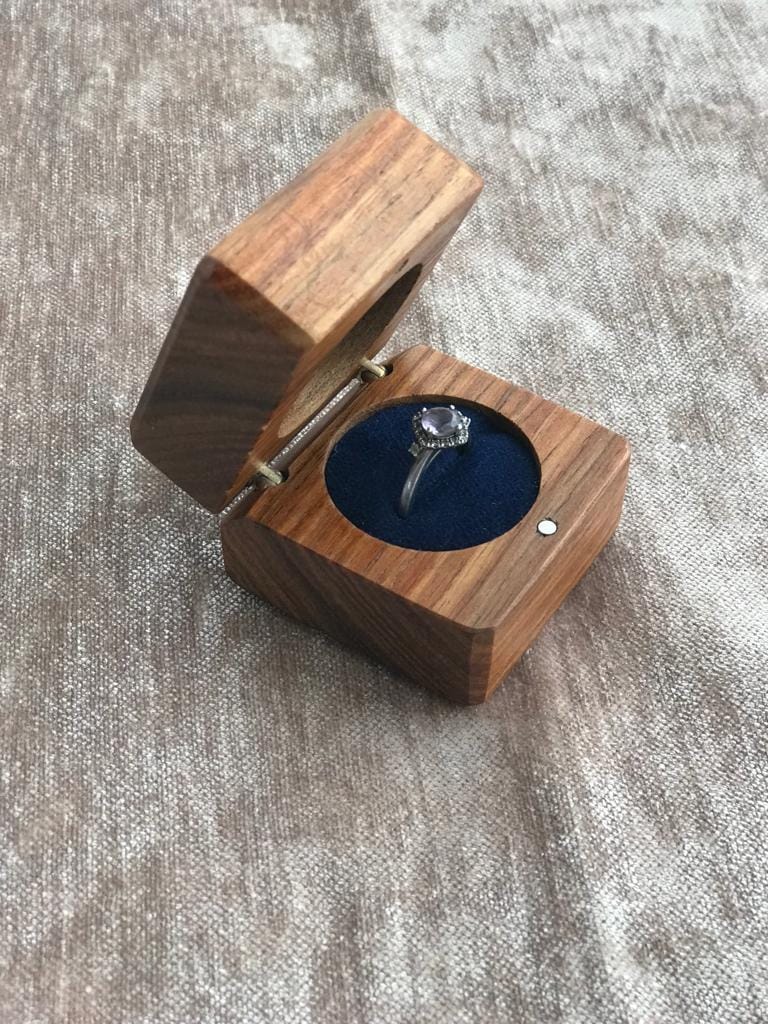 Ring box with deep wood grain and velvet lining